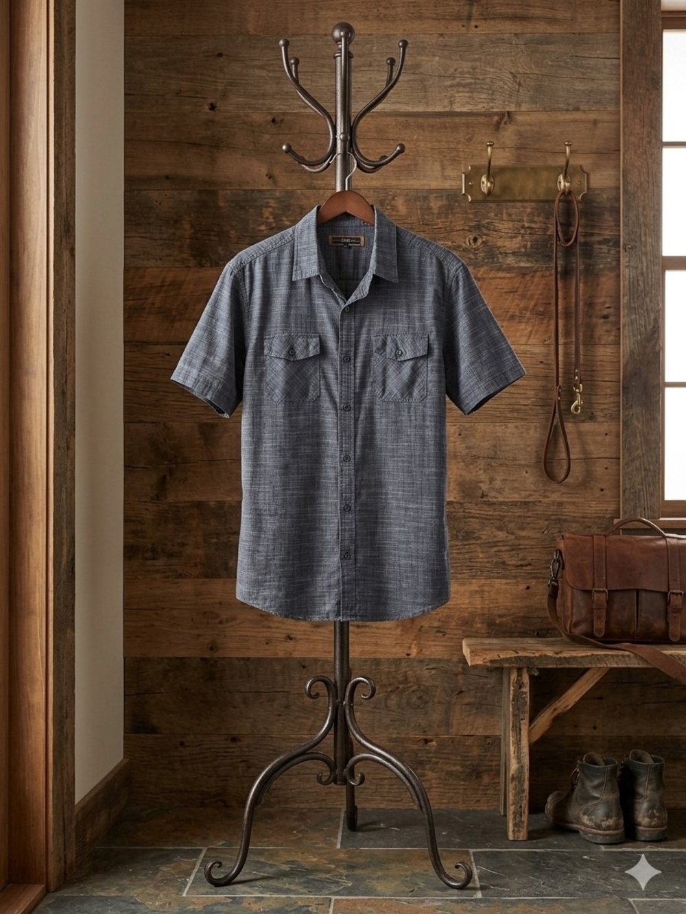 Paper Denim & Cloth Short-Sleeve Button-Down Shirt in Charcoal Blue